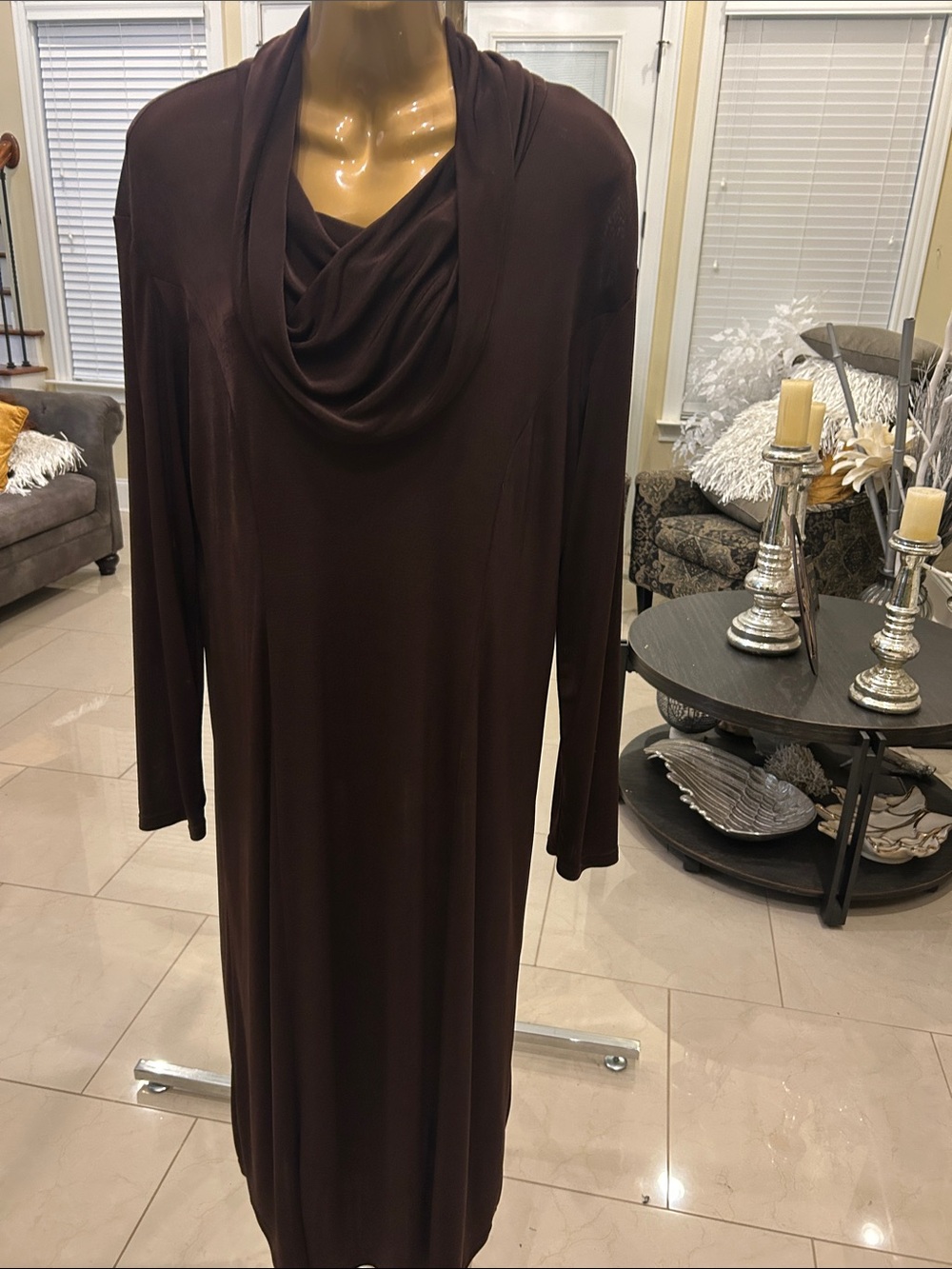 Together Brown Long-Sleeve Cowl Neck Dress